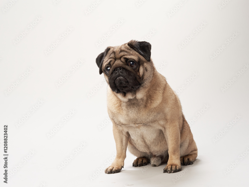 A black pug is photographed lying down in a relaxed pose in a studio with a white background. The soft lighting highlights the dog shiny coat and calm demeanor. A black pug is photographed lying down in a relaxed pose in a studio with a white background. The soft lighting highlights the dog shiny coat and calm demeanor.