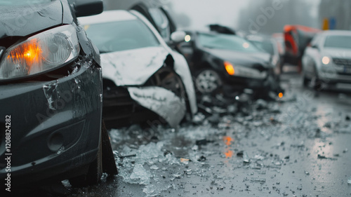 multi car pileup in urban intersection with shattered glass