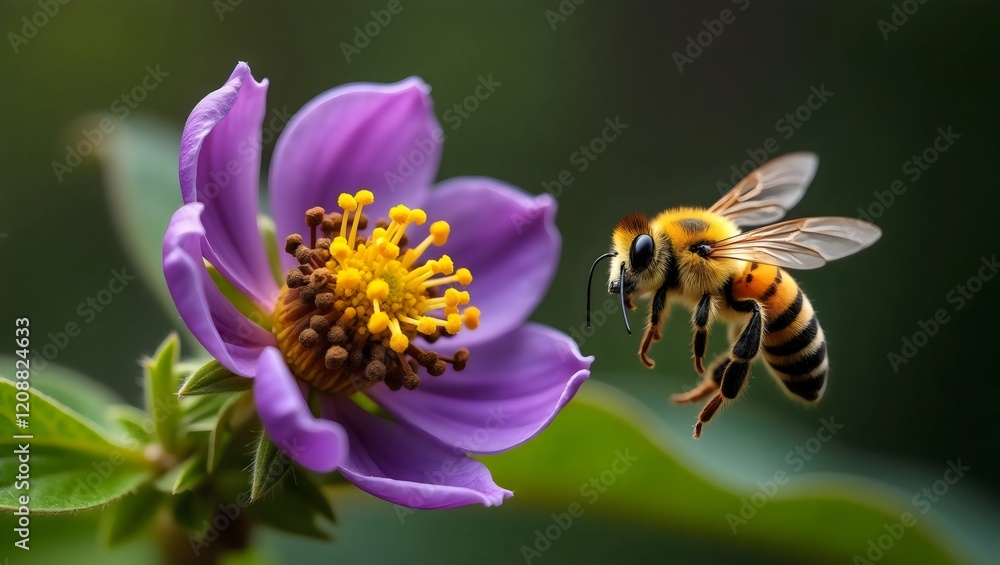 Honeybee Flying Toward a Purple Flower, Pollination Scene, Close-Up Honeybee Flying Toward a Purple Flower, Pollination Scene, Close-Up