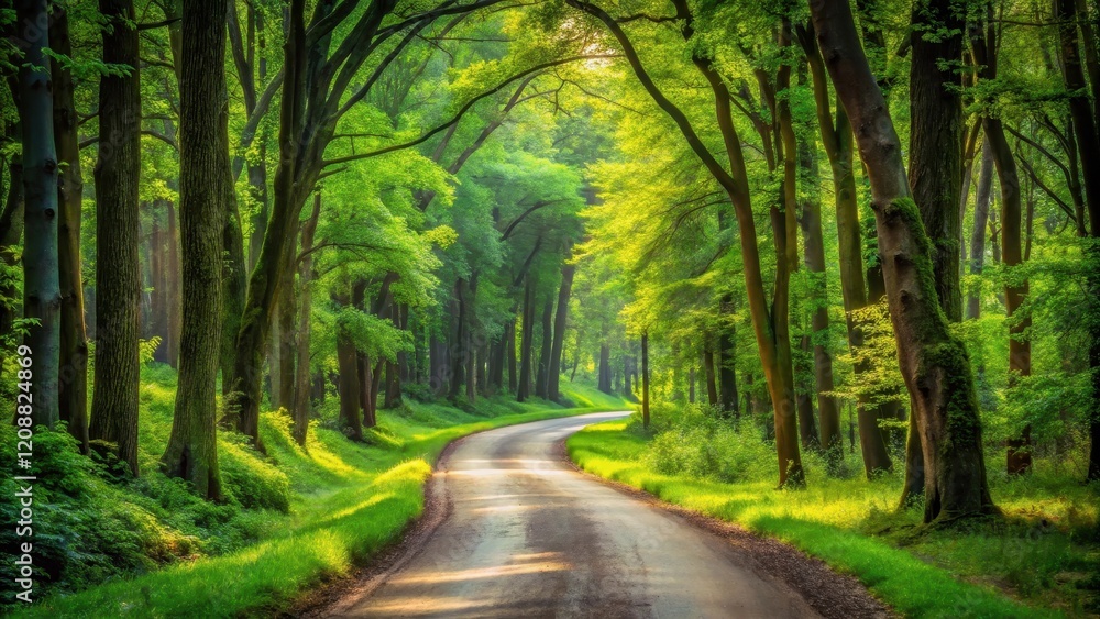 Fototapeta premium Serene forest road A winding path through lush greenery , tranquil, nature, peaceful, trees, foliage, pathway, scenic