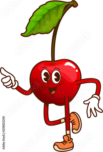 Cartoon groovy cherry berry character happily posing with thumbs up. Isolated vector cool red berry with stem and leaf, retro personage wearing sneakers and exuding laid back funky hippie y2k vibes