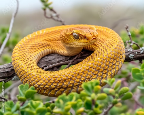 Golden lancehead viper coiled on a branch. photo