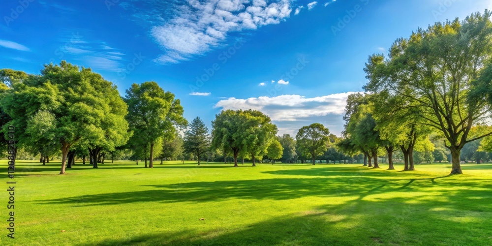Open grassy field in a public park with mature trees and blue sky , nature, trees, field, park, grass, green, outdoors Open grassy field in a public park with mature trees and blue sky , nature, trees, field, park, grass, green, outdoors