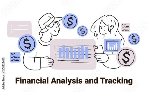 Financial analysis and tracking concept illustration featuring two people reviewing charts and graphs with dollar symbols in a minimalist hand drawn style