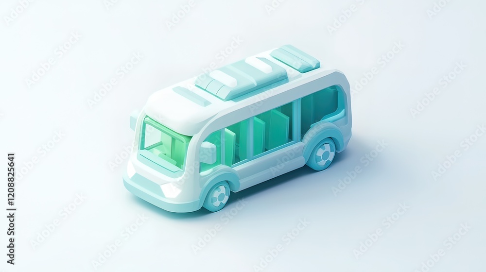 Isometric rendering of a small, white, electric bus on a light blue background. Isometric rendering of a small, white, electric bus on a light blue background.