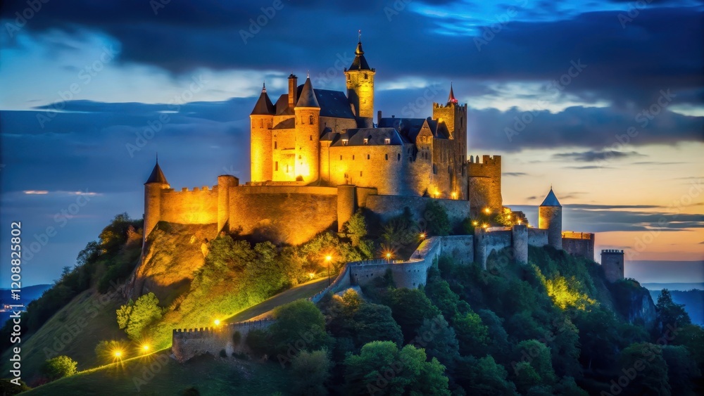 Obraz premium Castle on a hill illuminated at night, night, castelnaud, castle, illuminated, hill, lights, medieval, architecture