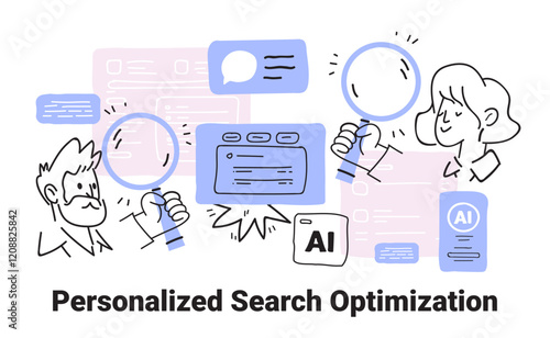 Personalized search optimization AI concept people using magnifying glasses analyzing data minimalist sketch style web design template