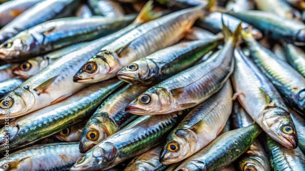 Fototapeta premium Close up of fresh sardines displayed at a traditional fish market, sardines, seafood, market, fish, display, fresh