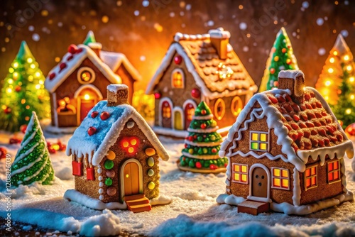 Deep depth of field photography highlights festive gingerbread houses and holiday treats in a charming winter scene.