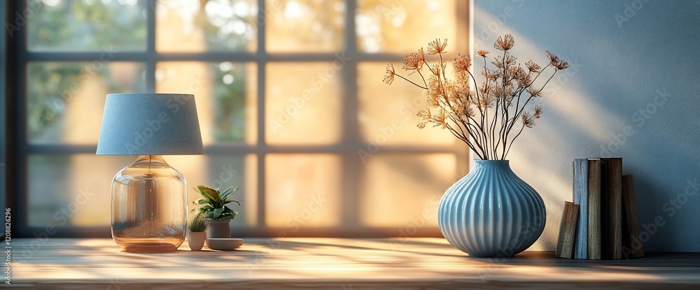 Fototapeta premium Sunlit windowsill, vase, lamp, plant. Cozy home decor