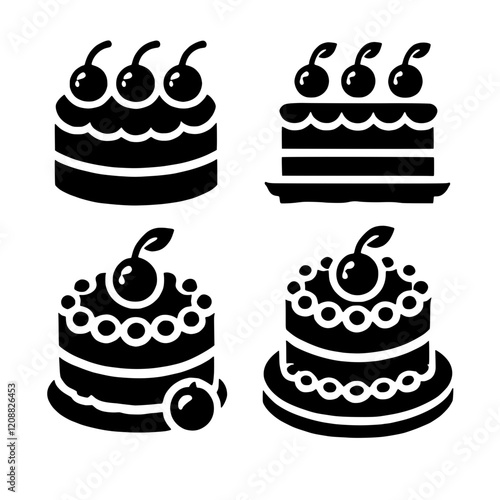 Cherry Cake Icons: A set of four stylish black and white icons depicting delicious cherry cakes, perfect for bakery menus, websites, or apps.  Each cake features a unique design and level of detail.