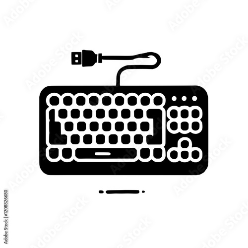Compact Keyboard Icon: A minimalist illustration of a wired compact keyboard, ideal for web design, app interfaces, and presentations, showcasing functionality and sleek design.
