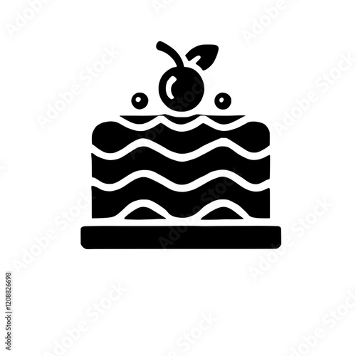 Delicious Cake Icon: A delectable layered cake, adorned with a cherry and delicate frosting swirls, is presented as a simple yet elegant black and white icon. Perfect for bakery menus, websites.