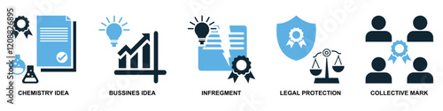 Collection of intellect property icons in vector format showcasing symbols like brain, light bulb, gears and patents. Ideal for education, innovation and intellectual themes.