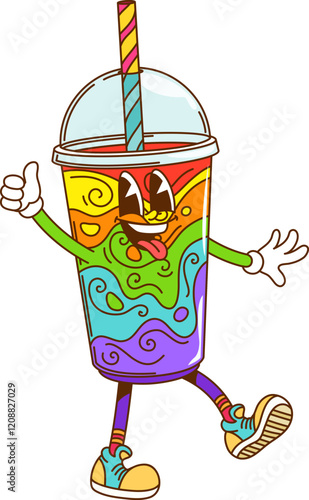 Retro cartoon groovy hippie slushy fast food drink with funny face, vector character. Groovy slushy cup with psychedelic rainbow drink and funky tongue out smile for freaky hippie fast food character