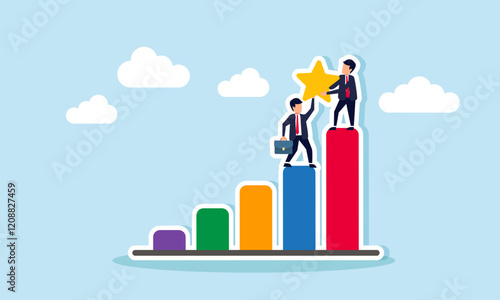 Two businessmen collaborate to lift a star to reach the highest position on the chart, illustration of teamwork in improving business quality aligned with business performance