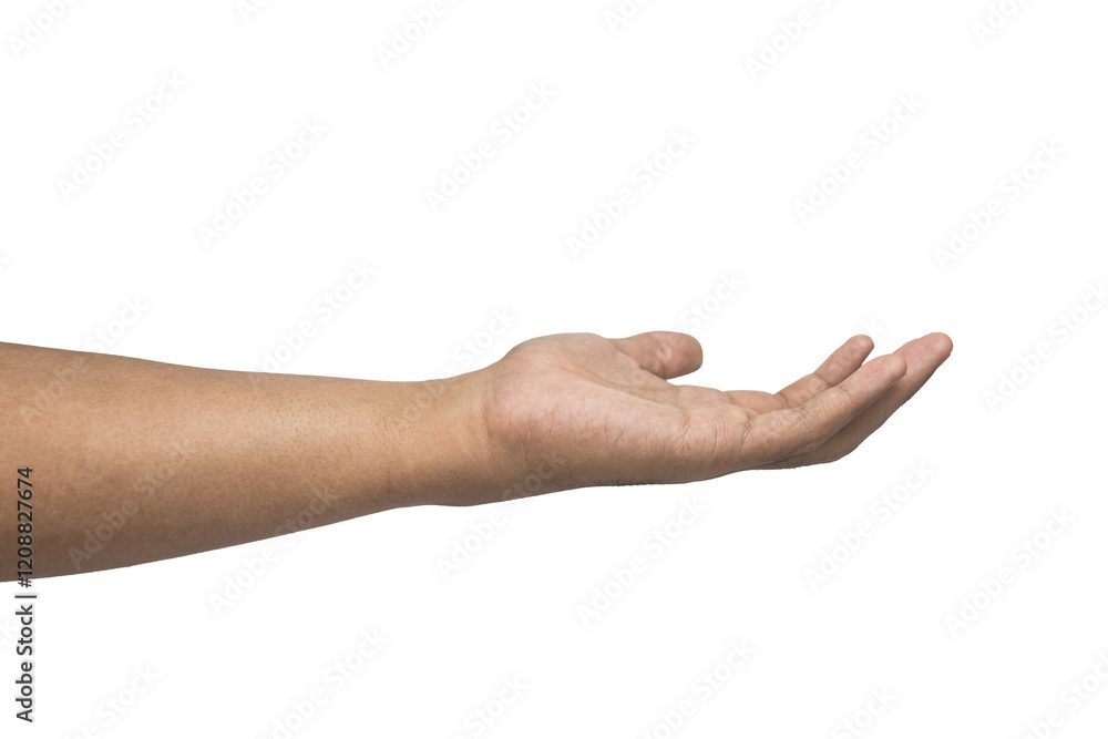 male hand showing empty open palm hand isolated on white background. use for placing a product male hand showing empty open palm hand isolated on white background. use for placing a product