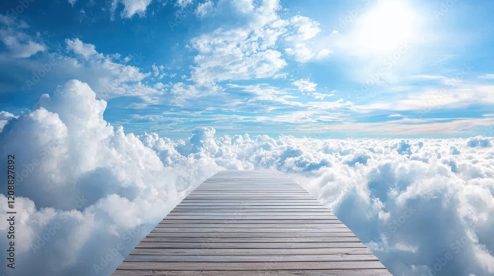 A serene wooden path leads through fluffy clouds under a bright blue sky, evoking a sense of peace and transcendence. A serene wooden path leads through fluffy clouds under a bright blue sky, evoking a sense of peace and transcendence.