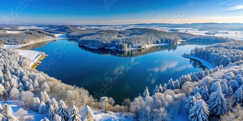 Aerial view of Bolboci Lake in winter with snow and clear blue sky, aerial, panorama, drone, view, Bolboci Lake, snow photo