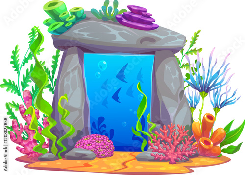 Underwater fantasy game magic portal door in sea water, vector cartoon element. Undersea portal door in stone gate arch or coral reef rock cave with fishes and seaweeds for portal gate or game asset