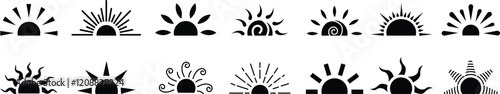 Black sun flat icon set, sunshine and solar glow sunrise or sunset. Decorative half sun and sunlight. Hot solar energy for tan. Vector isolated on transparent background. Hand drawn symbol.