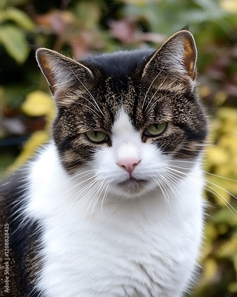 Grumpy tabby cat portrait outdoors. Grumpy tabby cat portrait outdoors.