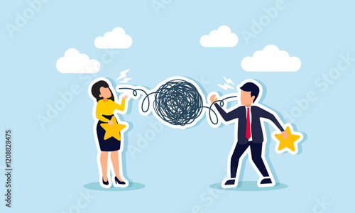 Businessman and businesswoman each carry a star and talk, but only complicated things come out, illustration of boasting about their business quality