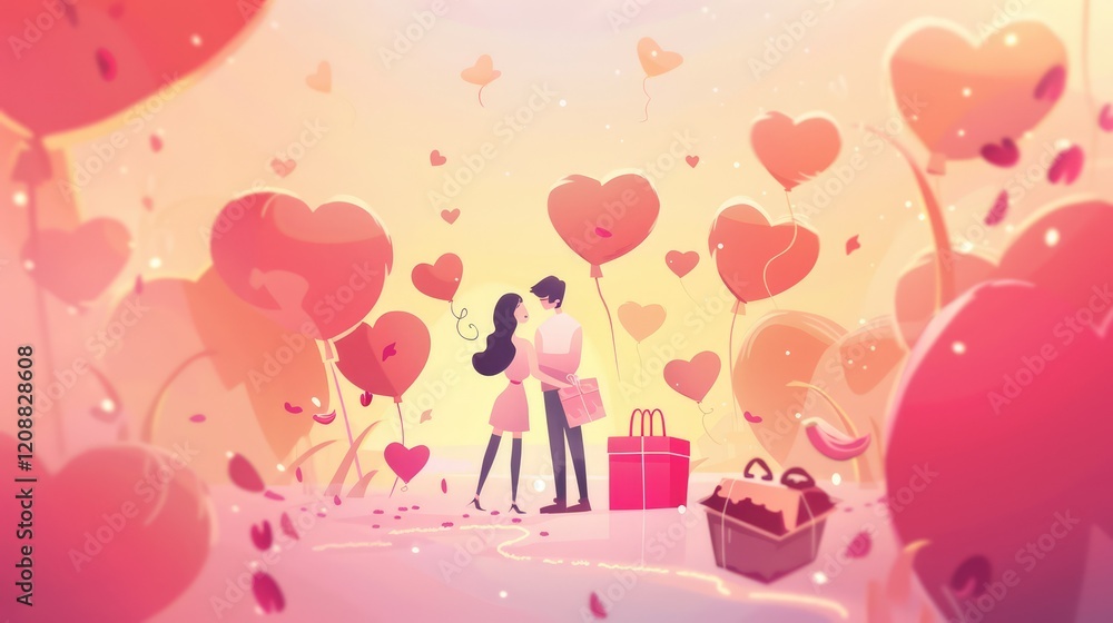 Romantic Valentine's Day illustration of a couple gazing at each other, surrounded by heart-shaped balloons, perfect for greeting cards and advertisements Romantic Valentine's Day illustration of a couple gazing at each other, surrounded by heart-shaped balloons, perfect for greeting cards and advertisements