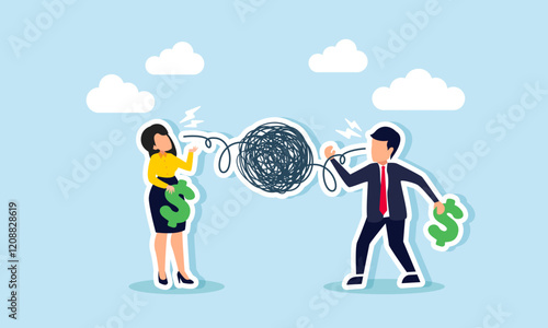 Businessman and businesswoman each carry a dollar sign and talk, but only complicated things come out, illustration of boasting about their business revenue