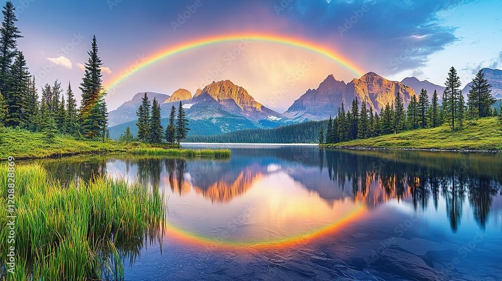 Fototapeta premium Rainbow over Mountain Lake Reflection