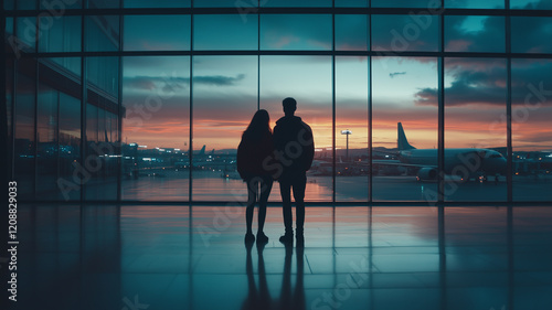 oung couple standing at airport for travelling. Generative Ai.

