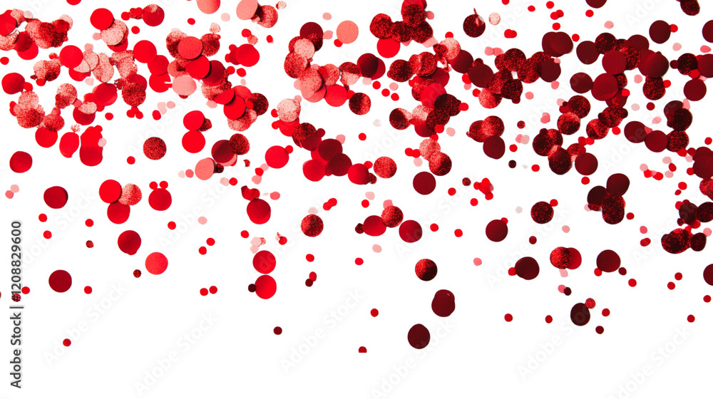 Red confetti falling on a white background for a celebration.