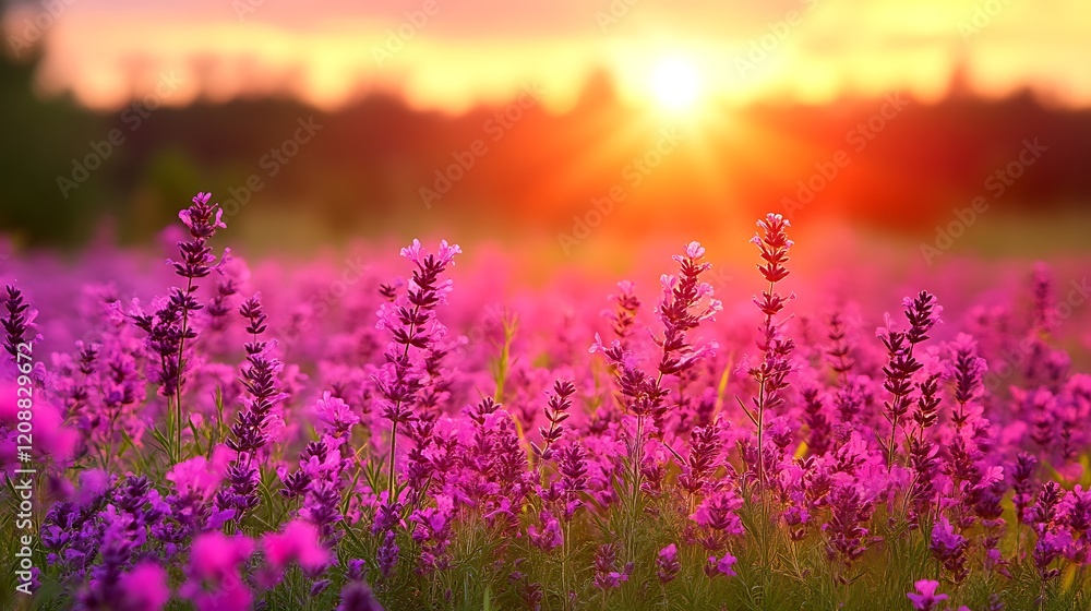 Fototapeta premium Lavender Field Sunset Golden Hour Beauty