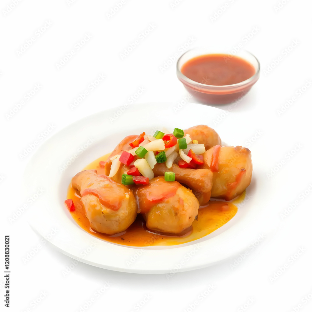 deliciously prepared chicken served with onions and chili sauce isolated on the white background deliciously prepared chicken served with onions and chili sauce isolated on the white background