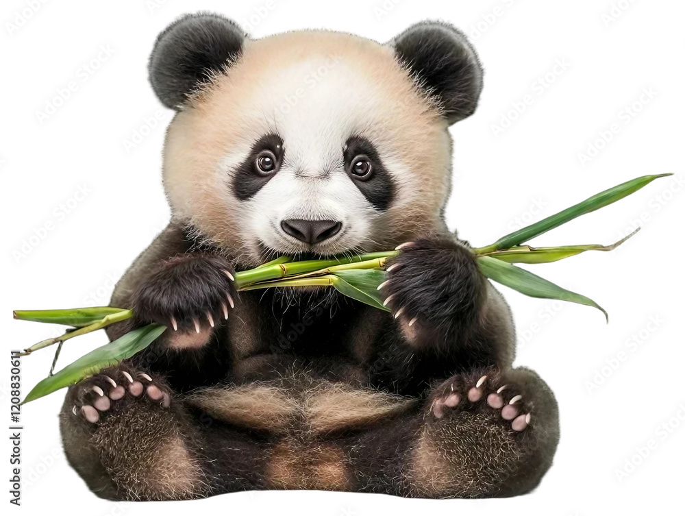 Naklejka premium A playful panda eating bamboo isolated on white background. Suitable for marketing or business purposes. PNG file