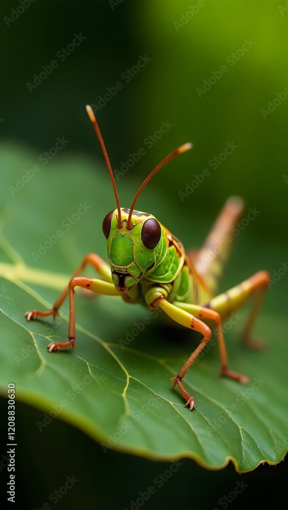 Green and Brown Grasshopper on Textured Green Leaf with Blurry Background
