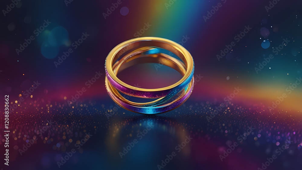 An abstract holographic design with intertwined rings symbolizing eternal love, rendered in vibrant and reflective shades of blue, magenta, and gold An abstract holographic design with intertwined rings symbolizing eternal love, rendered in vibrant and reflective shades of blue, magenta, and gold