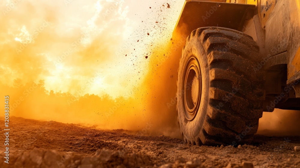 Construction machinery in motion, dust swirling, dramatic lighting, dynamic industrial energy.