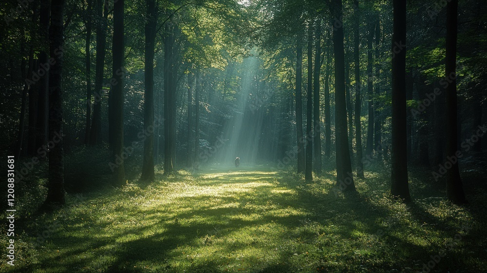 Fototapeta premium Sunlit path through a dark, mysterious forest.