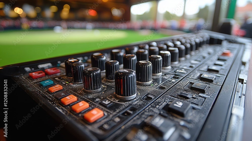 Close-Up of a Professional Audio Mixer with Detailed Controls and Knobs at a Vibrant Event Space Filled with Soft Lighting and Lively Atmosphere Close-Up of a Professional Audio Mixer with Detailed Controls and Knobs at a Vibrant Event Space Filled with Soft Lighting and Lively Atmosphere