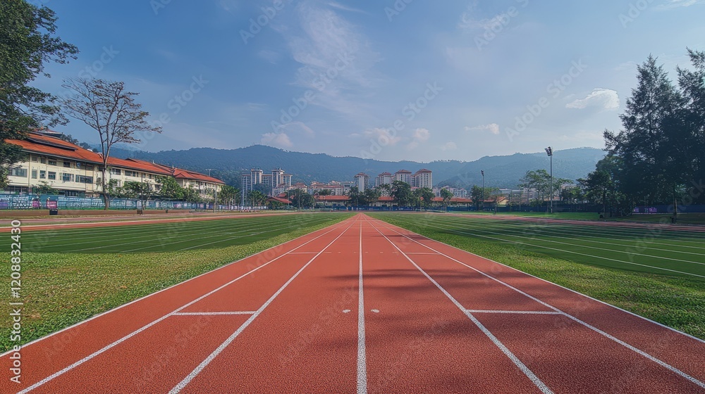Fototapeta premium Running track leading to city skyline. Perfect for themes of competition, achievement, and urban landscapes.