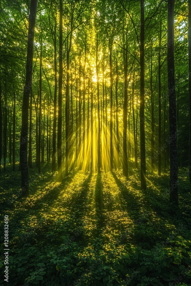 Obraz premium Sunlight streaming through trees in enchanted forest nature photography vibrant green environment serene view