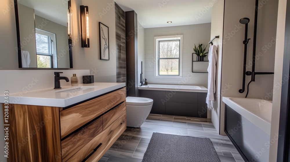 Fototapeta premium Minimalist bathroom, featuring a toilet, natural wood vanity, separated wet and dry areas, trendy black and white color scheme. Simple, modern design