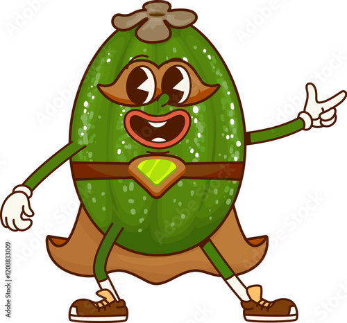 Groovy feijoa fruit superhero character. Cartoon vector tropical fruit personage with superpowers, wearing cape and mask stands with finger gun gesture. Funny cheerful fairytale healthy food defender