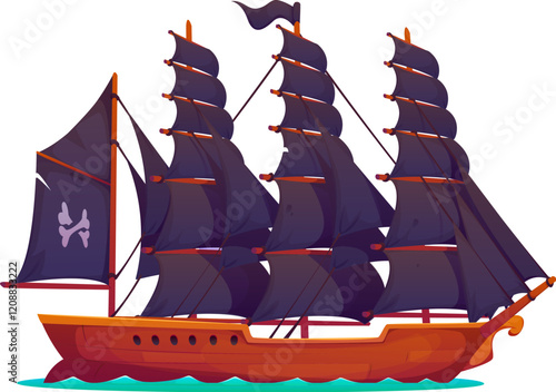 Corsair pirate historical brigantine sail ship. Corsair ancient brigantine vessel. Filibuster historical caravel ship isolated vector or privateer antique frigate sailboat with crossed bones on sail