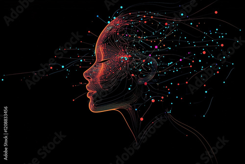 Illustration of human augmented and artificial intelligence and generative AI concept, dots and lines representing data, neural networks and deep learning in a futuristic style, dark background