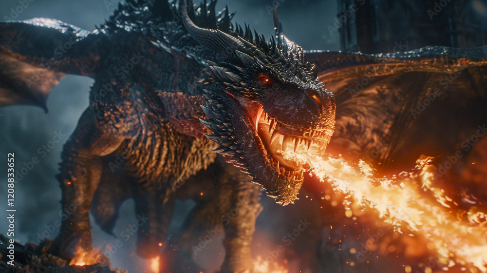 Fearsome dragon breathing fire Fearsome dragon breathing fire