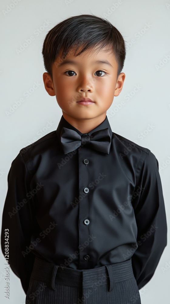 Young Boy in Elegant Black and White Formal Wear with a Polished Look Young Boy in Elegant Black and White Formal Wear with a Polished Look