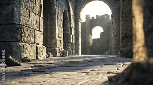 A Stone Pathway Leading to a Blurred Ancient Structure