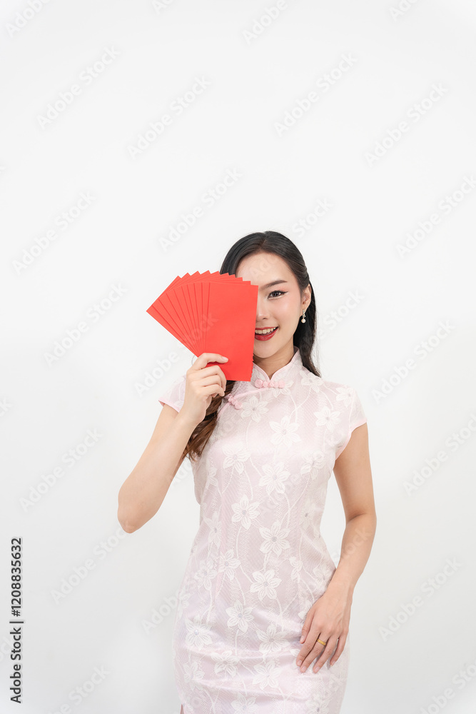 Asian Chinese woman holding red envelope isolated on white background wearing traditional white cheongsam with crossed hands. Happy Chinese New Year Celebrate Chinese culture